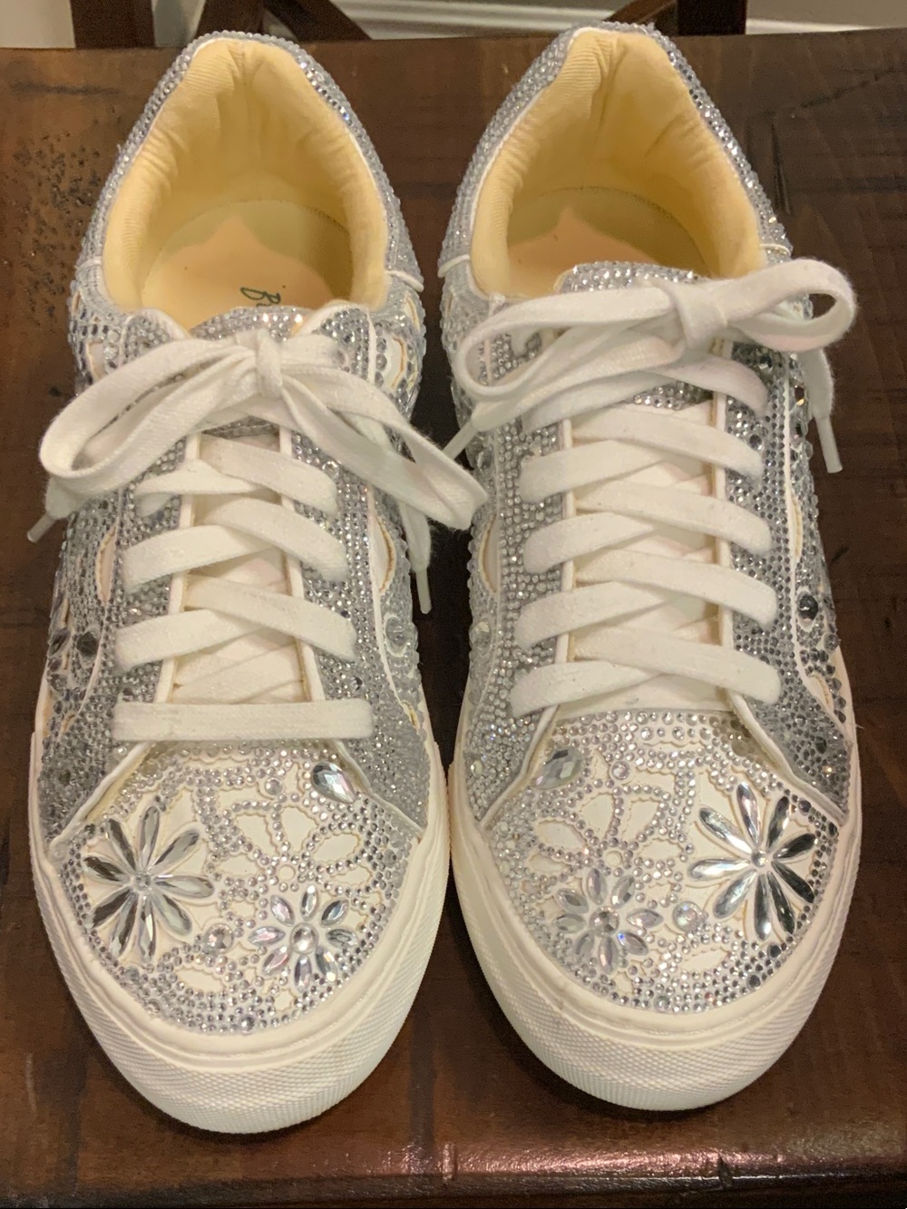 Betsey Johnson White & Silver Crystal Floral Lace-Up Sneakers